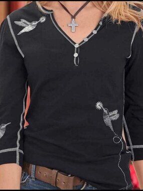 Alp N Rock Grace Henley Embroidered Hummingbirds Top XS Black